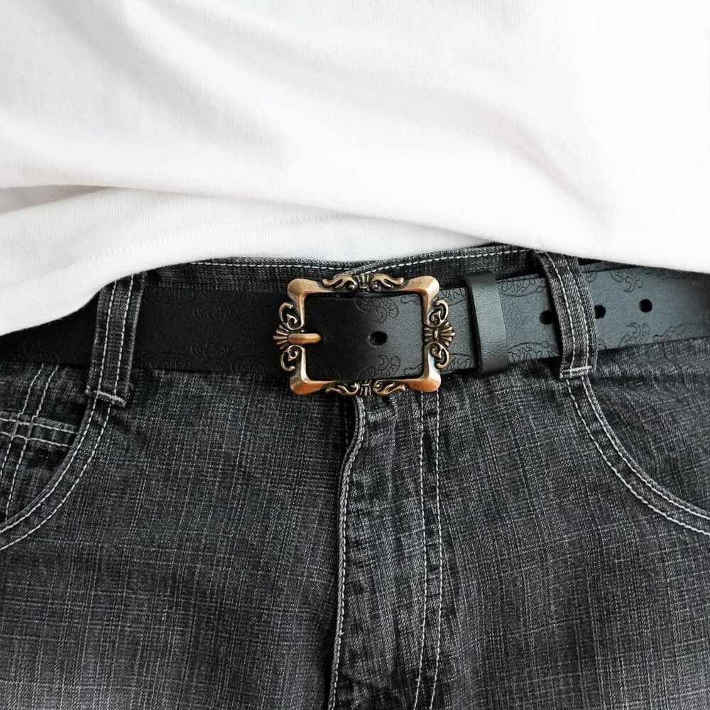 y2k floral buckle black belt — 2000s western style